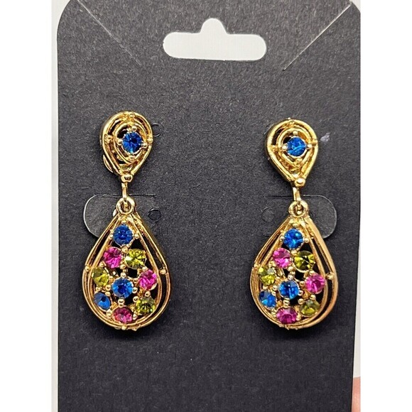 Brooch & Earrings Set Vtg Colorful Art Deco Floral Rhinestone Blue Pink Yellow - Picture 6 of 10